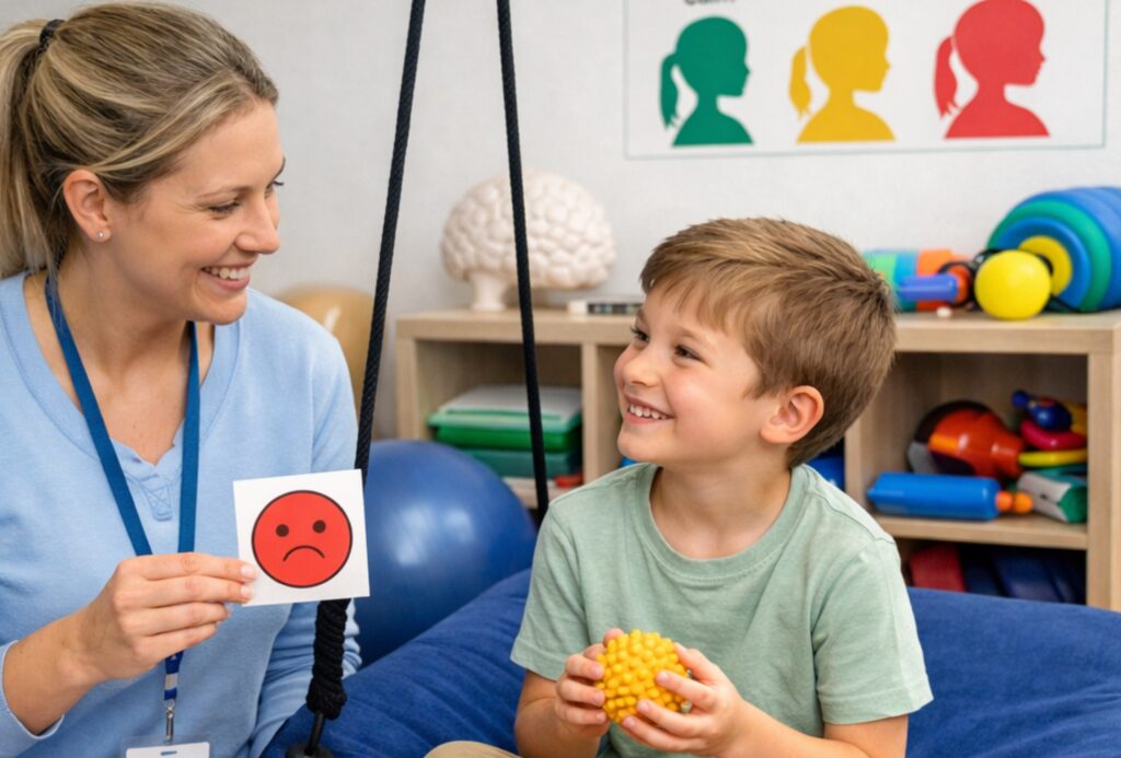 Child with autism engaging in sensory play on a swing during an occupational therapy session focused on sensory regulation